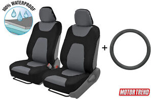 100% Waterproof Car Seat Covers w/ Microfiber Leather Steering Wheel Cover Gray