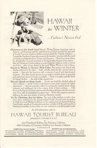 Anuncio impreso vintage años 30 viaje moda más nueva Hawaii oficina de turismo de invierno - Imagen 1 de 2
