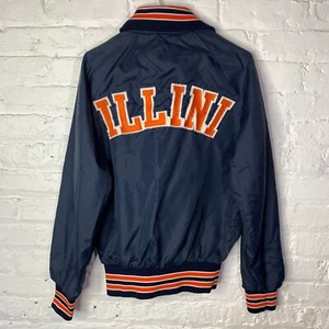 Vintage 70s Illinois Illini Button Front Satin Jacket Size Medium Blue Orange - Bild 1 von 2
