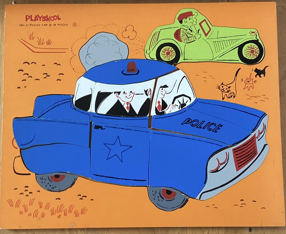 Rompecabezas de madera vintage Playskool 18 piezas #360-21 *Coche de policía* Raro coche verde difícil de encontrar Foto 1 de 1