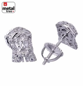 925 Silver Mens Hip Hop Iced Bling Jesus Head Stud Earrings 10mm Screw Back - Picture 1 of 11