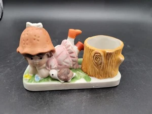 Vintage Bisque Porcelain Girl In Hat Turtle Toothpick Votive Holder 1982 - Picture 1 of 6