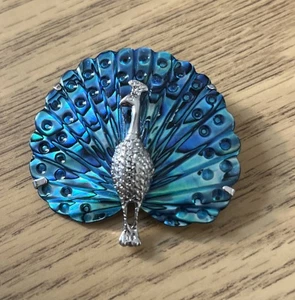 Pfau silberfarben & blaue Federtöne Paua Muschel Abalone Brosche Anstecknadel Vintage - Bild 1 von 4