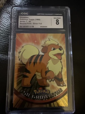 Growlithe 58 Pokemon Topps 1999 Serie 1 2da Impresión Etiqueta Negra Lámina Plateada CGC 8 Foto 1 de 2