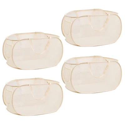 4Pcs Beige Canvas Laundry Hamper, Foldable Pop-up Mesh Basket, Large Capacity... - Image 1 of 4