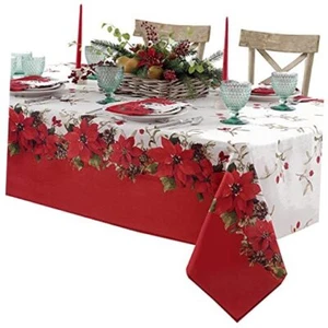 Christmas Poinsettia’s Double Bordered 60 x 144 60" x 144" Rectangle Blooming - Picture 1 of 8