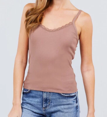 Nuevo Top Cami Activo EE. UU. S M L Borde de Encaje Cuello en V Acanalado Tejido Camisola Básico Tostado  Foto 1 de 4