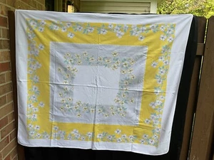 Yellow White Flowers Grey Cotton Print Tablecloth Vintage - 44" x 52" - Picture 1 of 16