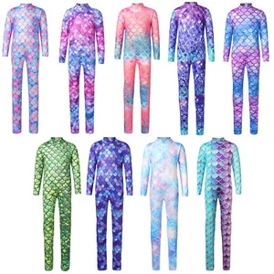 Kids Girls Mermaid Jumpsuit Gymnastic Mermaid Cosplay Costume Unitard Mock Neck - Picture 1 of 80