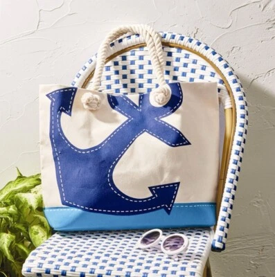 Bolso/bolso de playa náutico Anchors Away de lona azul y blanco con cuerda Foto 1 de 4