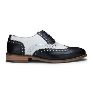 Scarpe uomo nere bianche Gatsby Oxford pelle classiche formali allacciate vintage brogue - Foto 1 di 7