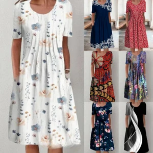 Womens Floral Crew Neck Short Sleeve Midi Dress Baggy Pockets Pleated Dress UK - Picture 1 of 17
