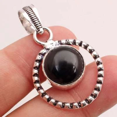 Onice Nera Gemma Placcato Argento Handmade Pendente Gioielli Regalo 3.2cm - Immagine 1 di 3
