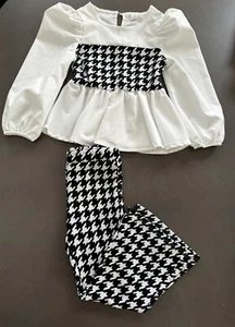 Girl's houndstooth print puff sleeves peplum top flare legs pants set size 4T - Picture 1 of 13