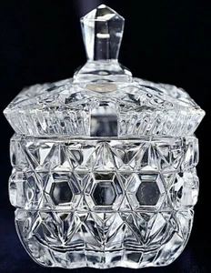 Vintage Pressed Glass Pattern Square Sugar Condiment Lidded Jar 9cm - Picture 1 of 4