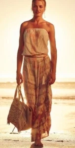 Maxi Vestido Gypsy 05 Seda Sin Tirantes •S• Marrón Crema Tie Dye Tubo Anthropologie - Imagen 1 de 10