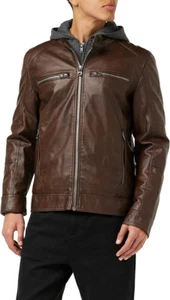 $225 GUESS Men's Faux Leather Hooded Moto Jacket, Brown, M - Picture 1 of 4
