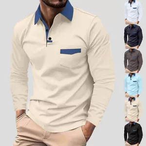 Mens Polo Shirts Long Sleeve Regular Fit Collar Casual Work Golf T Shirt Tops - Picture 1 of 25