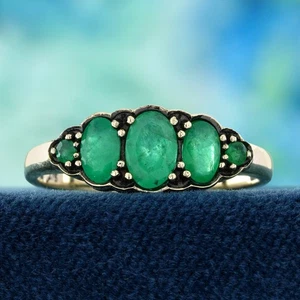 9K Yellow Gold Emerald Vintage Style Three Stone Ring - Picture 1 of 11