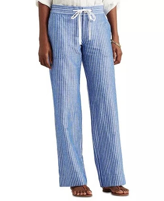 Pantalones de lino para mujer Lauren Ralph Lauren talla 8 pierna ancha cómodos rayas náuticos Foto 1 de 4