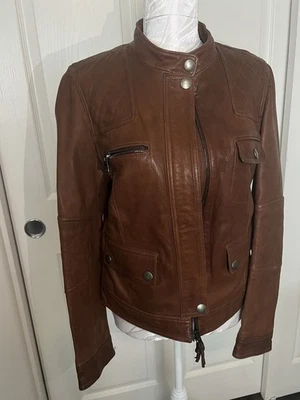 Chaqueta de moto Coach: Mackage para mujer de cuero marrón óxido tostado ajustada M forrada con cremallera Foto 1 de 4