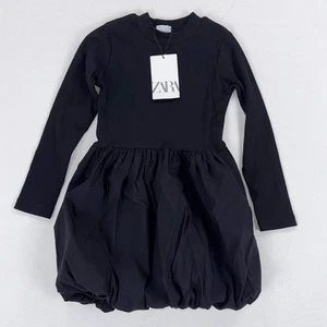 Zara Kids Girl's Ribbed Long Sleeve Bubble Dress Size 7 Black - Picture 1 of 12