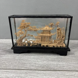 Vintage Small Chinese Hand Carved Cork Art w/ Storks & Pagoda Scene 3D Diorama - Picture 1 of 14