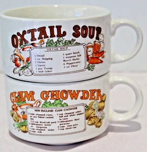 Vtg x2 Recipe Soup Mug Bowl Cup Clam Chowder & Oxtail Stoneware Set Retro 1970s - Picture 1 of 21