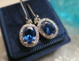 Vintage Deco design Jewellery White Gold Ceylon Blue Sapphire Drop Earrings - Picture 1 of 10
