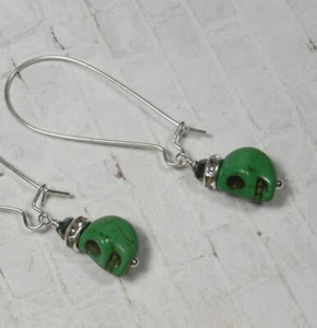 Howlite Skull Crystal Rhinestone Drop Pierced Earrings Handmade Green New - Picture 1 of 3