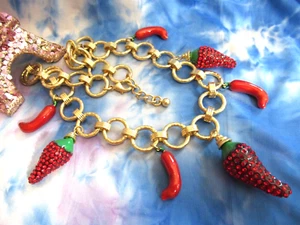 Chili Peppers Necklace Pendant Gold Red Crystal Charms Statement Chili- NEW - Picture 1 of 5