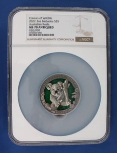 2022 Barbados 3oz Silver $5 coin "Colours of Wildlife - Koala" NGC Graded MS70 - Picture 1 of 4