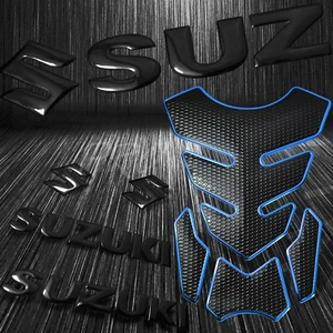 4PCs Chromed Blue Fuel Tank Pad+8" Black 3D Suzuki Logo+Letter Emblem Sticker - Picture 1 of 6