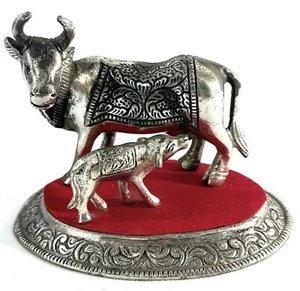 Oxidized White Silver Metal Religious Cow and Calf Figure 5.5” Long 4” Tall - Picture 1 of 10