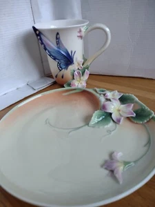 Franz Porcelain Blue Butterfly Coffee And Cake Set Very Hard To Find - Picture 1 of 10
