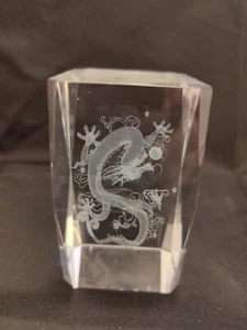 Glass Laser Etched Paperweight Block Cube Chinese Dragon 8cm/3" Tall 458g - Picture 1 of 6