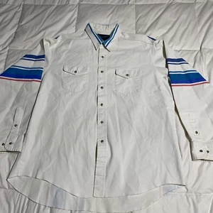 VTG Wrangler Brushpopper Western White Blue Striped long Sleeve XL 18-36 ~ USA - Picture 1 of 10