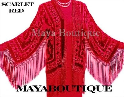 Fringe Jacket Kimono Scarlet Red Silk Burnout Velvet Short Maya Matazaro US Made - Image 1 of 2