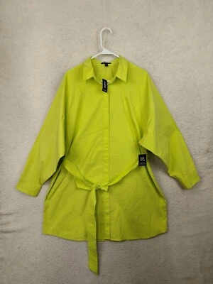 Vestido Express para mujer grande amarillo verdoso mezcla de algodón con botones cintura corbata mini Foto 1 de 4