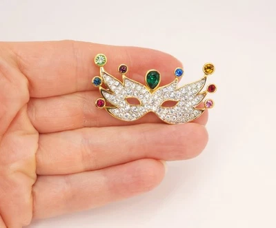 Broche Máscara Swarovski Mardi Gras Tono Dorado Pavé Verde Azul Rosa Cristal Ojos Foto 1 de 4