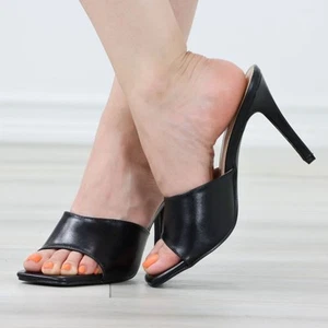 Square Open Toe Slip On Mules Stiletto's Black High Heel Sandals - Picture 1 of 11