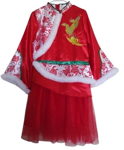 Chinese New Year Dress Woman Medium Red Long Sleeve Faux Fur Embroidered Mesh - Picture 1 of 7