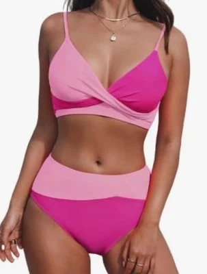 Conjunto de bikini para mujer con cuello en V de cintura alta frontal torcido rosa talla grande Foto 1 de 4