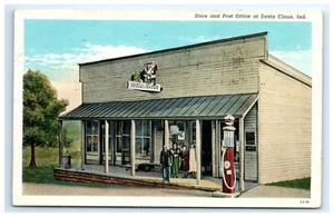 Postcard Santa Claus Indiana Store Post Office Old Gas Pump Linen Pst Small Town - Picture 1 of 6