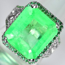 UNHEATED BRIGHT GREEN EMERALD 19.0 ct. STERLING 925 SILVER RING SZ 7.25