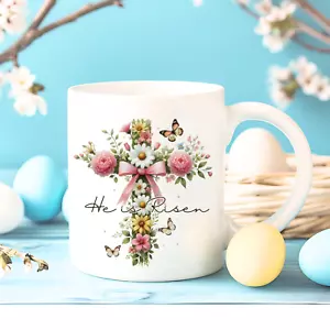 Ostertasse Pastell Blumen Kreuz Er ist auferstanden Religiös Frühling Geschenk Kaffee Tee Tasse - Bild 1 von 7