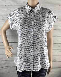 Max Studio Blouse Small White Blue Black Polka Dot Pattern Collared Button Down - Picture 1 of 12