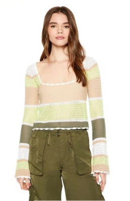 Blusa de malha forever 21 listrada verde crochê manga sino feminina G - Imagem 1 de 4