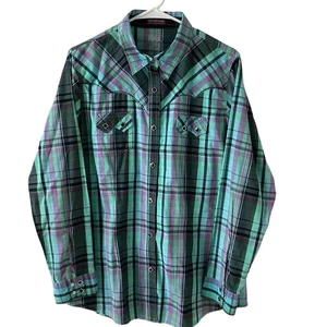 Camisa Western Rock 47 de Wrangler a Cuadros XL Verde Turquesa Púrpura Manga Larga - Imagen 1 de 7
