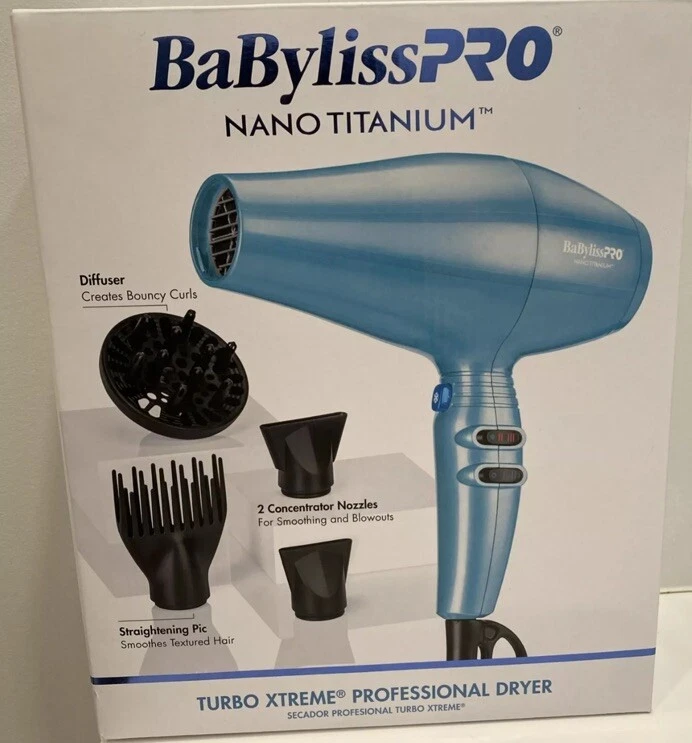 Babyliss Pro Nano Titanium Hair Dryer 1875W Turbo 4 Attachments Minimizes Frizz
